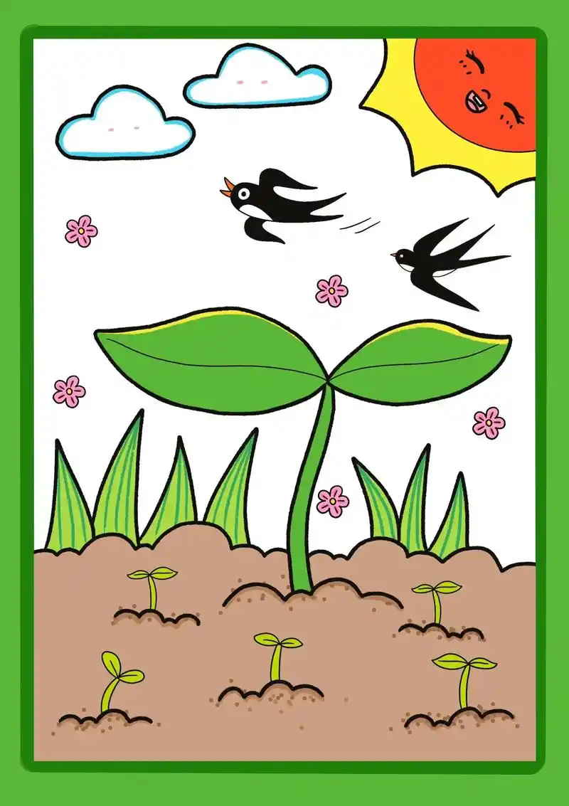 春天的景色儿童画.3岁小朋友也能画的春天主题画,有绘画过程, - 抖音