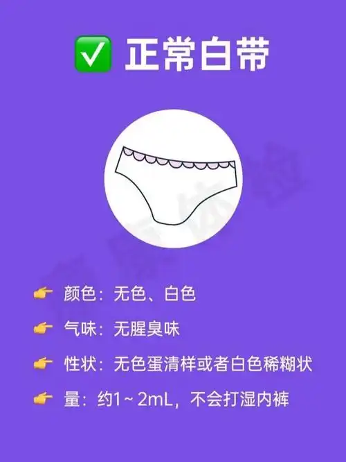 白带颜色:无色,白色气味:无腥臭味性状:无色蛋清样或者白色稀糊状量