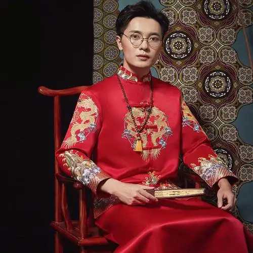 秀禾服男新郎中式礼服结婚服装男士红色秀和中式男装结婚古装