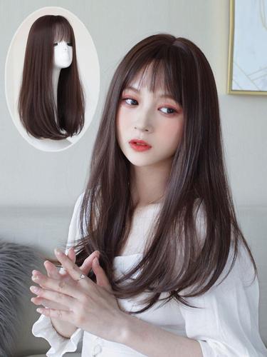 假发女中长发锁骨发空气刘海自然蓬松短发圆脸修脸长直发全头套