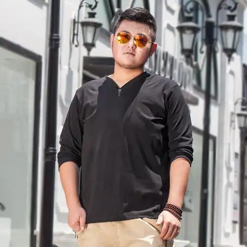 新款肥佬大码男装t恤男潮胖子长袖肥佬v领体恤加肥加大码300斤7xl