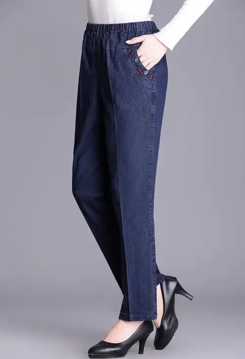 2020牛仔裤女妈妈秋装长裤中年女裤老年女装裤子松紧秋冬大码裤新