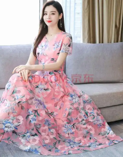 夏季韩版印花连衣裙2019新款碎花大码中长款女妈妈中老年沙滩裙子