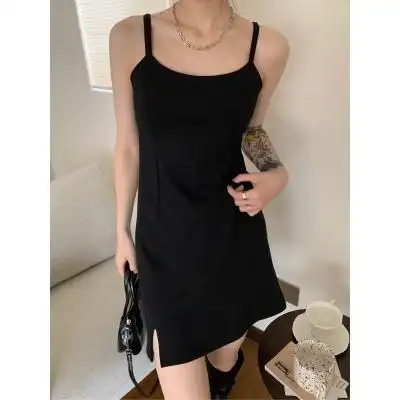 实拍实价侧开叉黑色抹胸吊带连衣裙女夏甜美小个子法式内搭a字裙