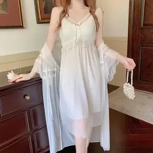 纯欲风睡裙夏季网纱性感蕾丝吊带睡袍带胸垫两件套睡衣女莫代尔棉