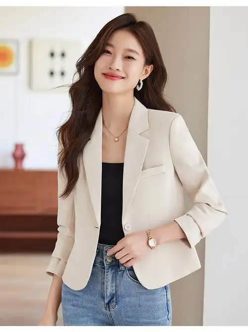 清新绿色短款西装外套女秋季新款韩版职业装纯色百搭通勤ol小西服