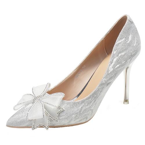 尖头细跟高跟鞋水晶钻成年十八岁生日礼物银色蝴蝶结婚鞋单鞋法式