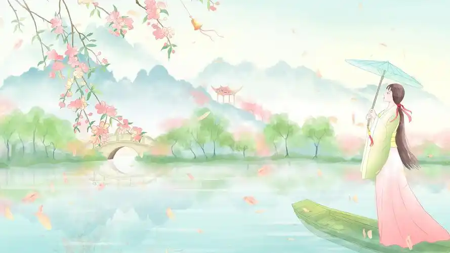 4k国风水墨江南背景春日江面桃花美景古风美人ae模板水墨背景