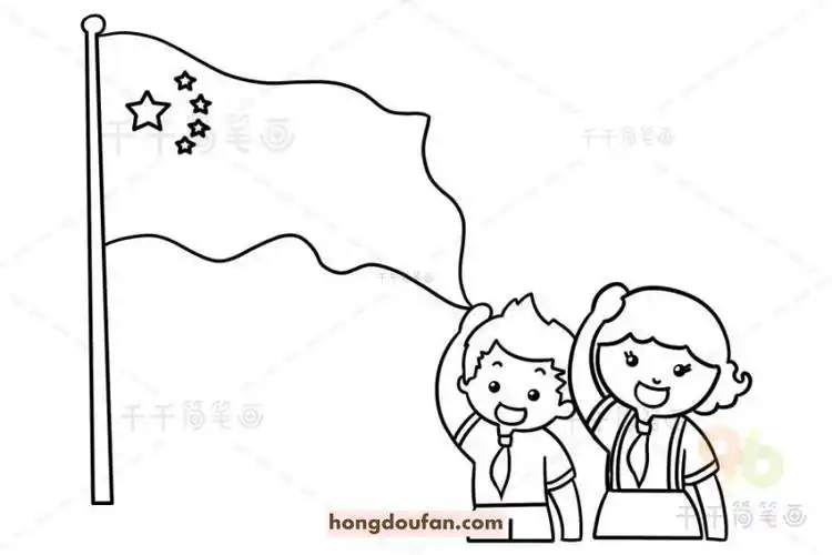 女孩向国旗敬礼背影简笔画