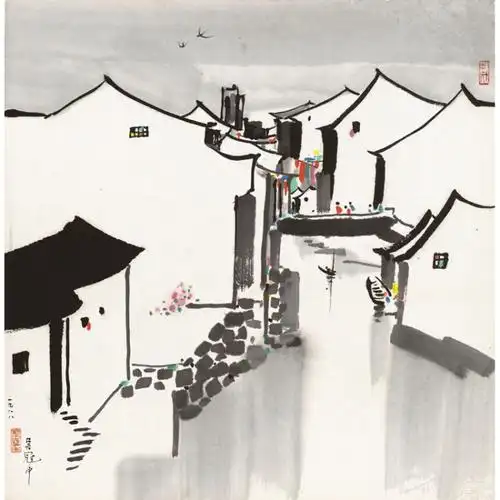 姿翰超高清微喷装饰画 吴冠中 中式油画 江南水乡小桥人家 纸本 67x66