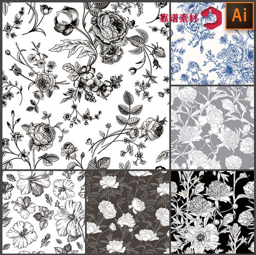黑白线描鲜花花朵花卉碎花服饰服装墙纸家居印花图案矢量设计素材