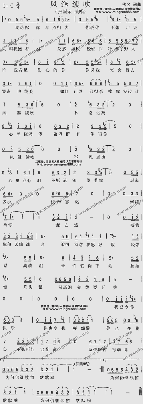风继续吹-张国荣_歌谱简谱_哆来咪123曲谱网