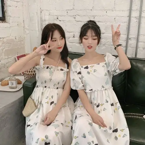 碎花连衣裙女姐妹装夏季裙子仙女超仙森系吊带裙闺蜜梗桔裙初恋裙
