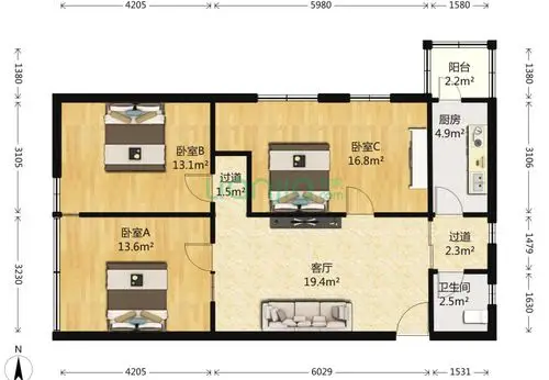 北京西马金润二区3室1厅1卫80平米户型图