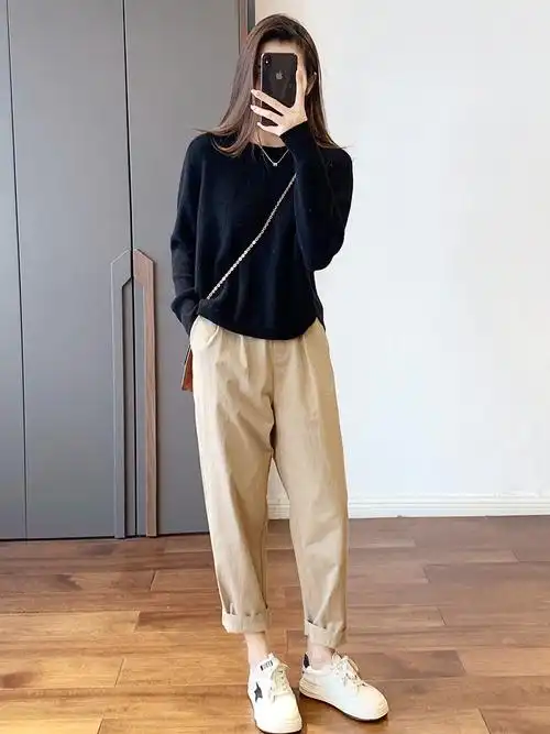 2022新款超显瘦遮肉小个子休闲萝卜裤女夏卡其色松紧腰九分哈伦裤