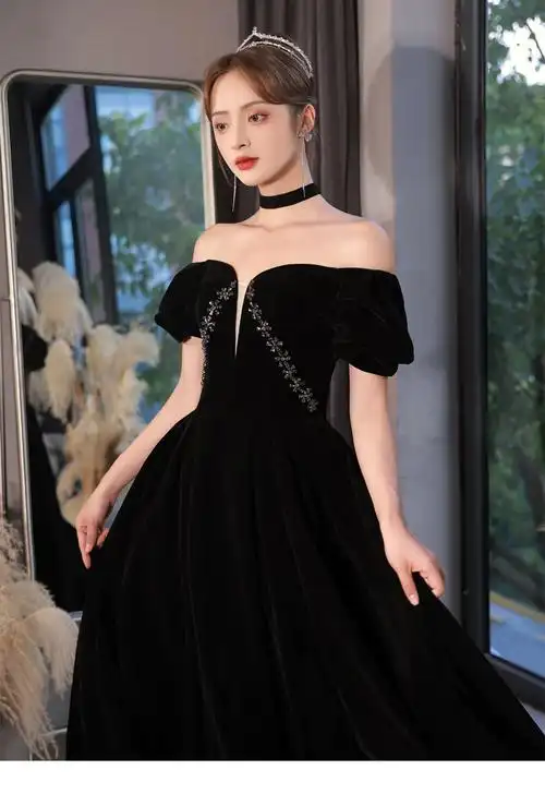 艺考礼服女声乐高级一字肩晚礼服女黑色气质宴会长裙艺考主持人晚礼服