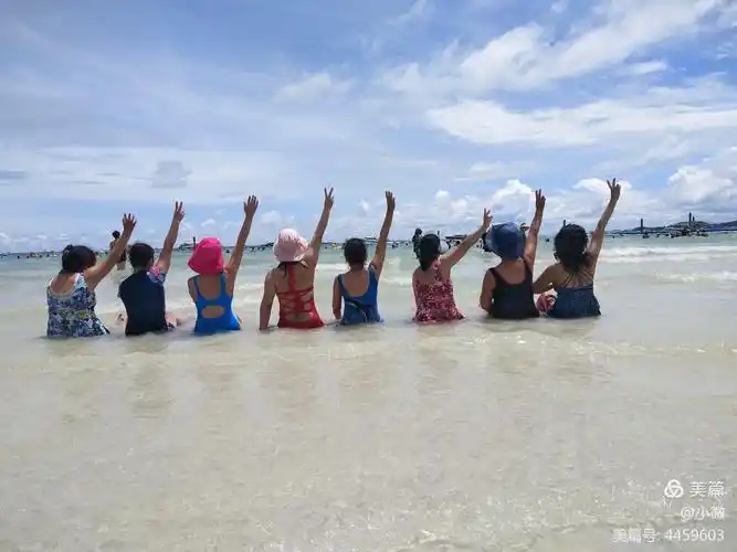 在海边,八美女集体泳装背影照.