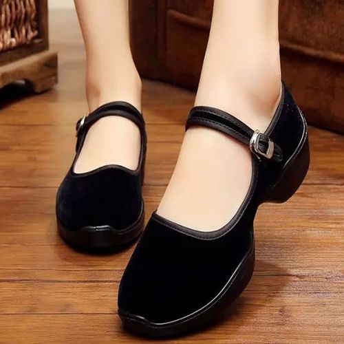 黑色老北京布鞋女中中跟防滑软底单鞋广场舞妈妈跳舞布鞋