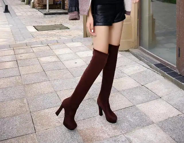 2019秋冬新款防水台高跟长靴过膝靴女粗跟弹力靴长筒靴大码大腿靴