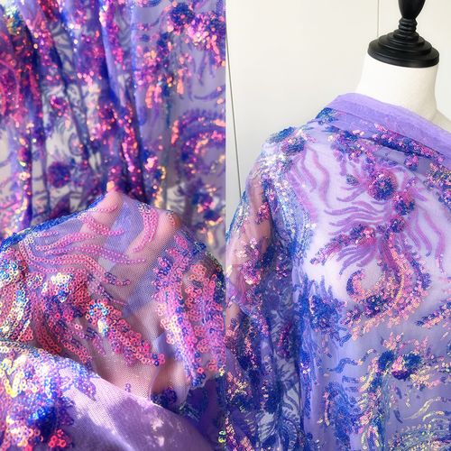 炫彩紫色紫金色蓝紫色渐变亮片布料面料网纱绣花凤凰凤尾亮片布料