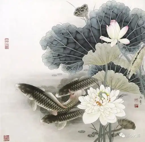 一组路雨年工笔每一幅荷花鲤鱼都惊艳细腻