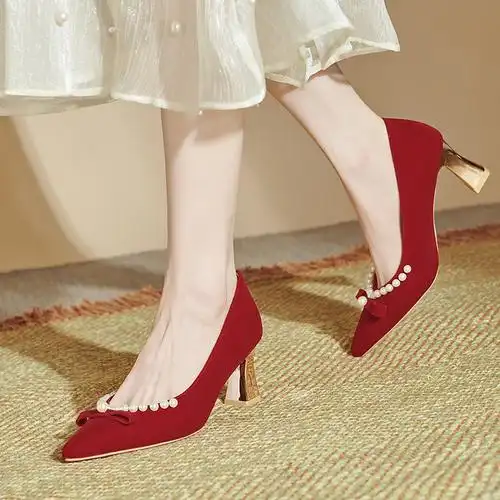 蝴蝶结红色高跟鞋粗跟敬酒鞋珍珠中式婚鞋禾秀婚纱伴娘新娘鞋中跟
