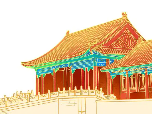 彩色手绘国潮风古风中国风故宫古建筑国潮元素png素材