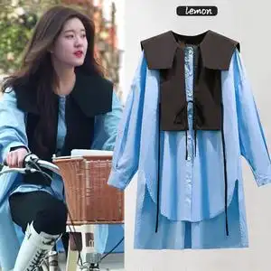 我喜欢你赵露思同款衣服顾胜男蓝色海军领宽松连衣裙中长款衬衫裙