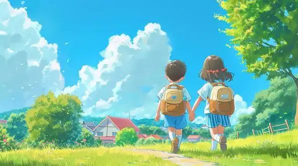 中小学生新学期上学背影插画