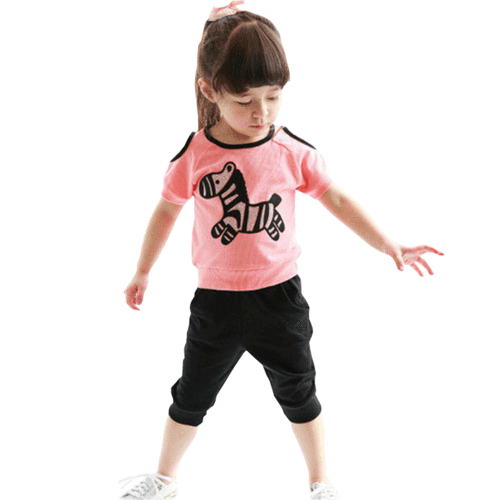 忆尼宝贝夏装新款 儿童漏肩斑马短袖纯棉套装2-3-4-5-6岁男女孩子