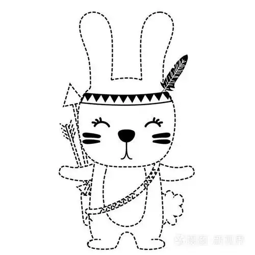虚线形状可爱的兔子动物与羽毛和箭头矢量插图插画-正版商用图片18u6