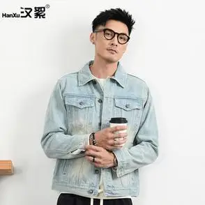 新款印花牛仔外套男士重磅石磨砂洗宽松休闲牛仔夹克秋季个性
