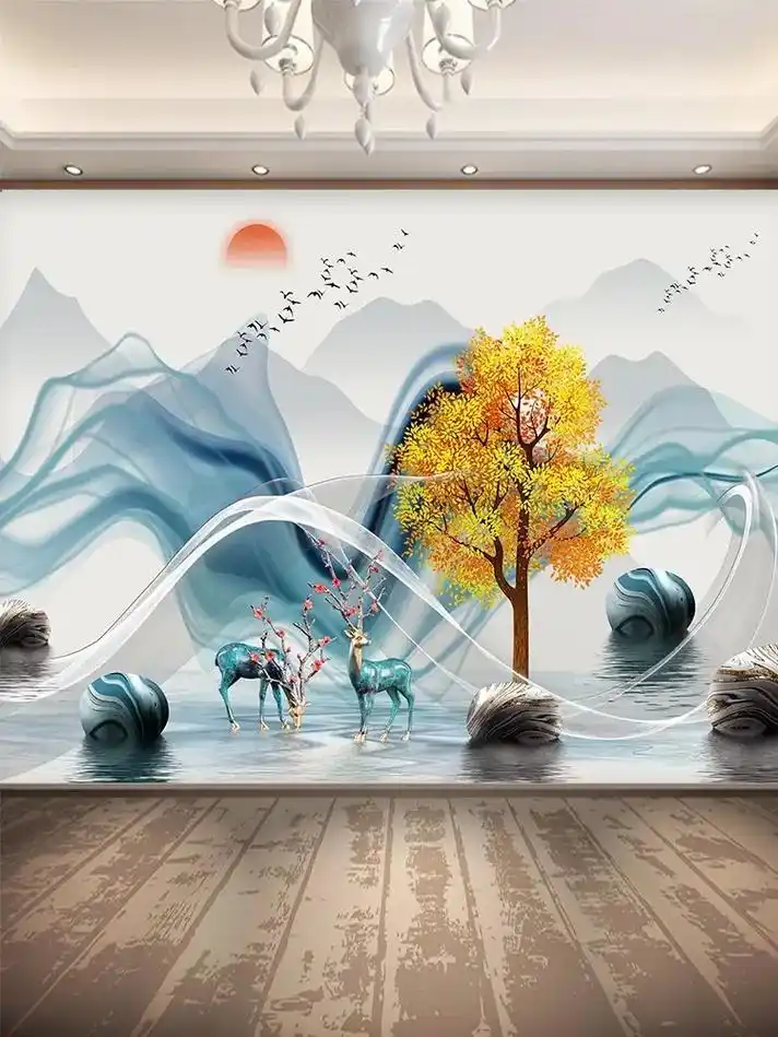 新中式抽象山水画墙纸自粘风景画客厅沙发背景墙装饰贴画墙贴壁纸