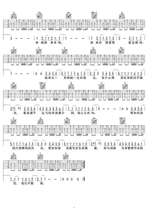 汪苏泷《一笑倾城》吉他谱-c调扫弦六线谱