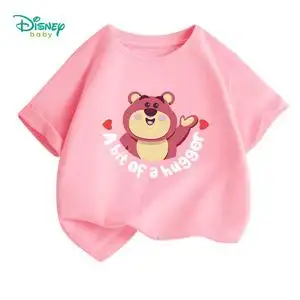 迪士尼童装女童纯棉t恤中大童粉色短袖儿童草莓熊夏季衣服炸街女