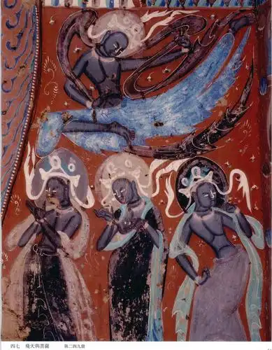 线描流畅,熟练.西壁龛外壁,也绘有飞天与供养菩萨:下图:2.