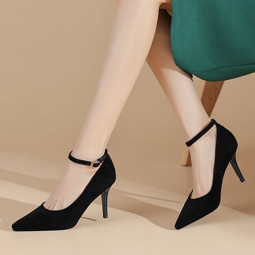 尖头百搭皮鞋通勤玛丽珍鞋春夏细跟高跟女鞋一字带气质搭扣女单鞋