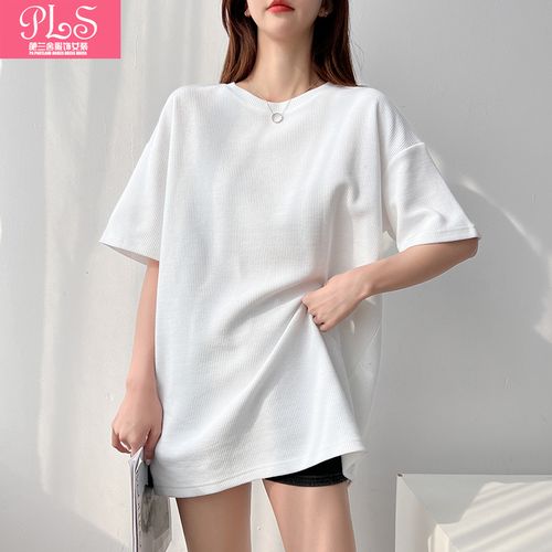 华夫格t恤女装中长款夏季新款圆领宽松大码休闲短袖纯色百搭上衣