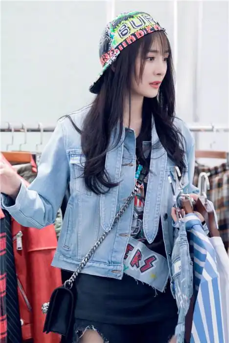 橙点杨幂明星同款贴布印花t恤bf风绑带水洗牛仔外套短款宽松上衣2018