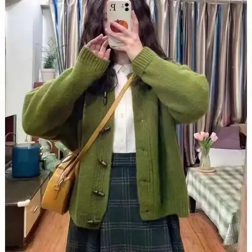 苔绿色复古牛角扣毛衣开衫外套 小个子穿搭慵懒感百搭上衣女复古 - 17