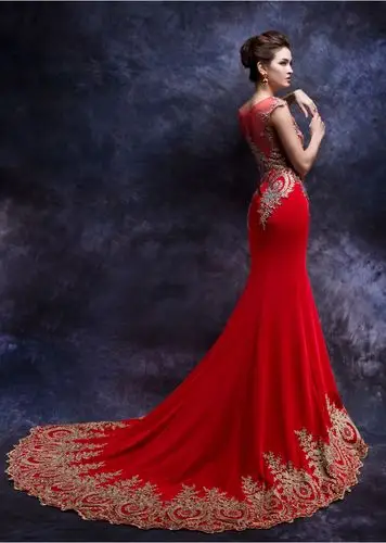 新娘结婚红色长款修身敬酒服高档鱼尾刺绣拖尾宴会晚礼服婚纱摄影 大
