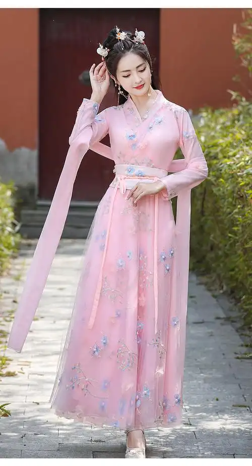 汉服女中国风古装秋季仙气齐腰襦裙改良古风套装学生日常擎嵘装粉色xs