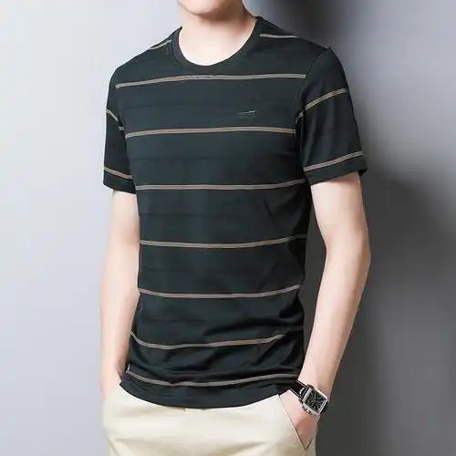梵克公牛短袖t恤男青中年夏装半袖上衣无领圆领衫休闲横条纹园领棉料t