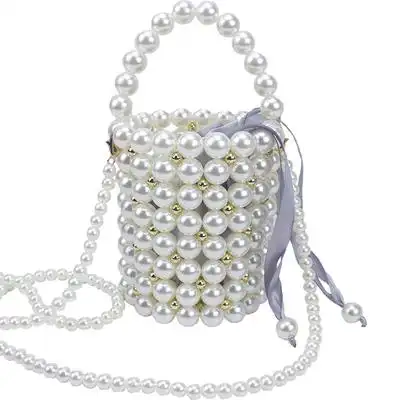 手工串珠珍珠包成品水桶包圆筒复古手提包透明编织ins两用斜跨包