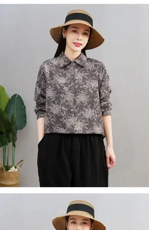 中老年女棉麻长袖衬衫文艺复古碎花休闲衬衣秋宽松大码上衣开衫22051