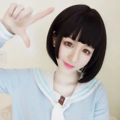 姬发式假发女短发空气刘海二次元时尚女自然蓬松修脸逼真发套