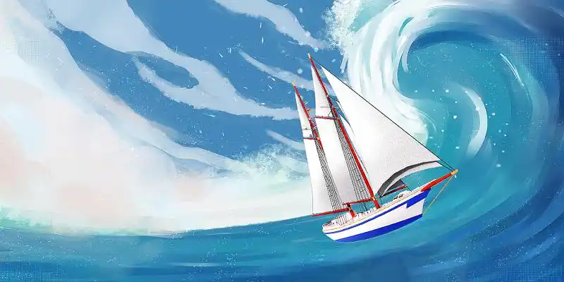 蓝色简约海浪帆船中国航海日展板背景黑色手绘帆船小船航海日海洋png