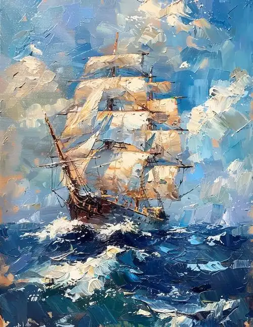 勇往直前:油画中的帆船与海浪故事