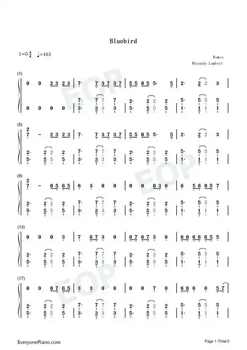 bluebird-miranda lambert-钢琴谱文件(五线谱,双手简谱,数字谱,midi