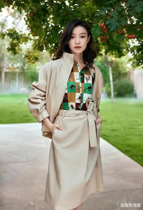 倪妮|倪妮秋装写真,穿杏色夹克内搭拼色花衬衫配套装裙,利落酷飒
